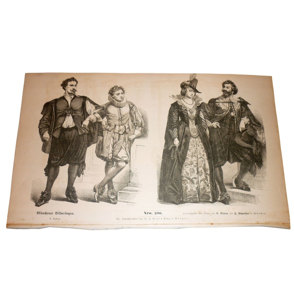 Antique Münchener Bilderbogen No 296 German Fashion Costume Lithograph Print